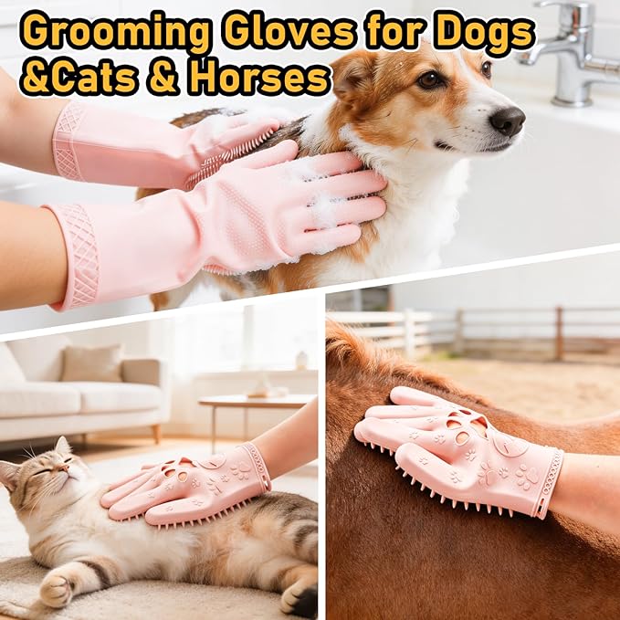 Hair Removal Glove & Pet Grooming Gloves 2 Pair, Upgrated Silicone Pet Hair Remover Gloves Shedding Glove for Long & Short Hair, Bath Grooming Glove with Gentle Brush for Horse Sensitive Pets, Pink