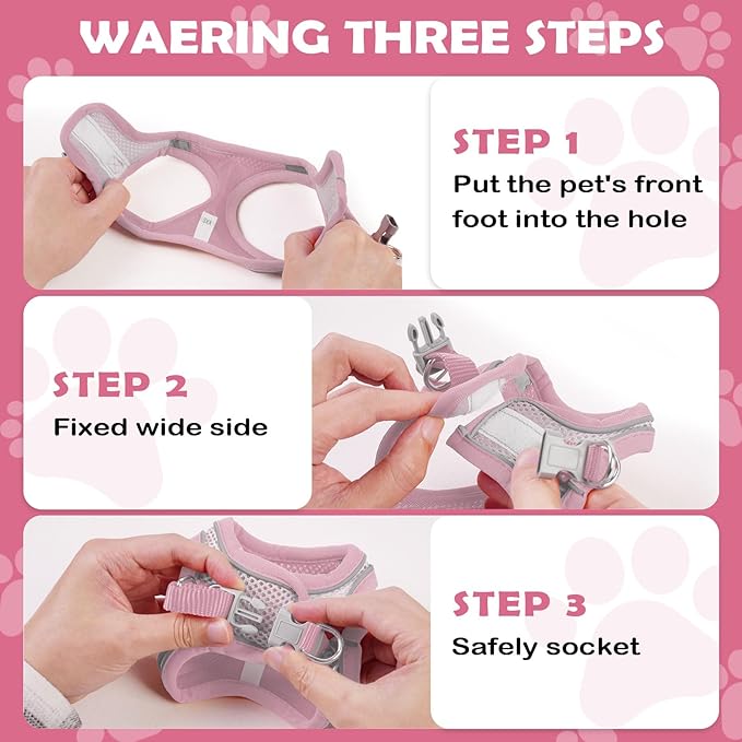 Cat Harness and Leash Set - Adjustable Soft Vest, Reflective Step-in Design for Safe Walking (Pink)