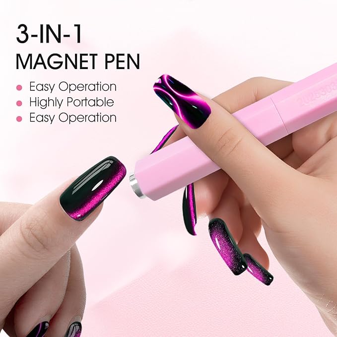 3 in 1 Cat Eye Magnet for Nails, Strong Magnetic Nail Art Tool for Cat Eye Gel Polish, Multi-Effect Cat Eye Magnet Stick for Ring, Line & 3D Cat Eye Designs, Salon & Home DIY (NAT291-Pink)