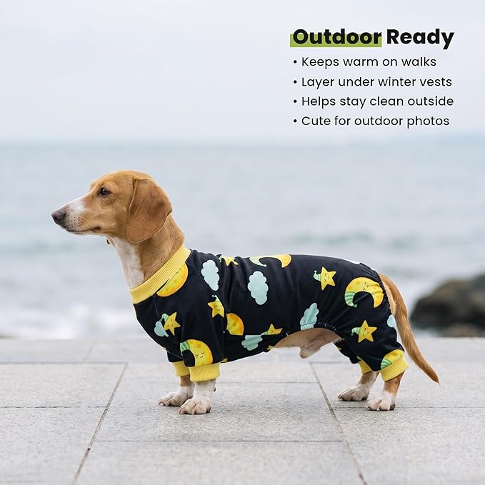 Fitwarm Moon and Stars Dog Fleece Pajamas, Cozy Winter Clothes for Small Dogs Boy Girl, Funny Pet Outfit, Black, Yellow, XS