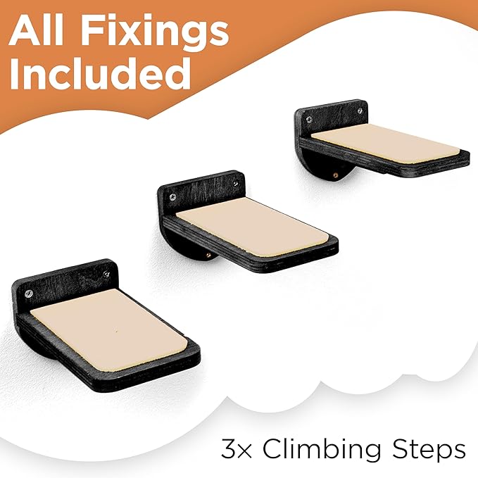 INICIO Cat Wall Steps - Set of 3 Cat Wall Stairs for Cats to Climb with Fixtures, 8.7"x4.7" - Floating Steps for Climbing or Playing - for Kittens and Adult Cats, Black