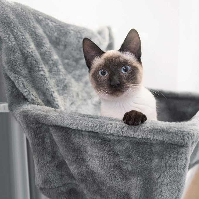 Navaris Cat Radiator Bed - Hanging Plush Basket Hammock with Cushion and Adjustable Metal Frame to Hook onto Radiators - 6kg Maximum Weight - Grey