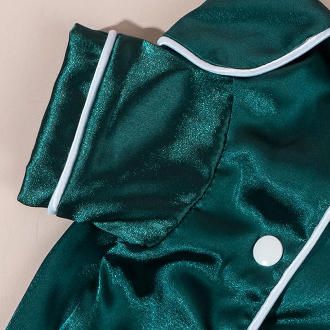 Cat Puppy Costume Elegant Satin Pajamas with Bow Headband 2PCs Set Pet Sleepwear Cute Pet Outfit Cosplay Partywear Photoshoots (Green Set,X-Small)