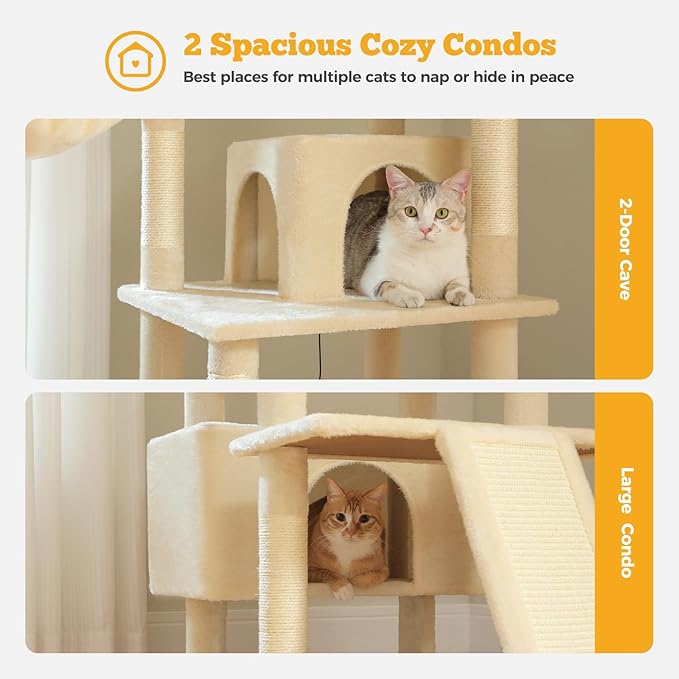 MUTTROS 81" Heavy Duty Cat Tree for Large Cats up to 20lbs - Extra Tall Cat Tower with Metal Frame Hammock, 6 Sisal Scratching Posts, 2 Perches - Indoor Cat Furniture for Maine Coon, Big Cats, Beige