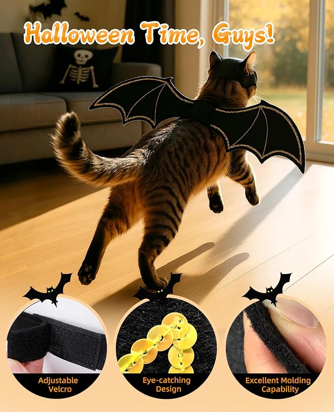 Halloween Cat Bat Wings Costume - Pet Outfits and Mask for Party Kitten Apparel for Boy Girl Funny Kitty Cosplay Dress Up Accessories