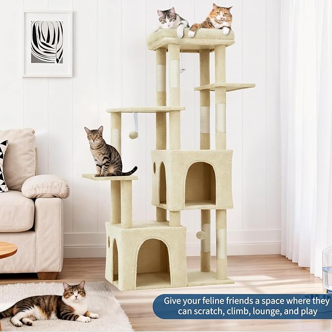 61.4 Inch Cat Tree, Large Cat Tower with Sisal Scratching Posts, 2 Spacious Cat Beds, Hanging Ball & Top Perch, Ideal for Large Indoor Adult Cats, Beige