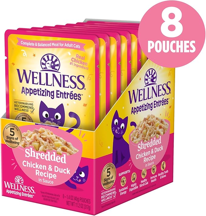Wellness Appetizing Entrées Shredded Adult Wet Cat Food, Natural, Protein Rich, Grain Free, Chicken and Duck Recipe, 1.4 oz, Pack of 8 Pouches