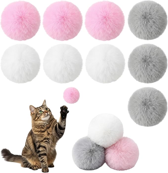 Abeillo 9 Pieces Furry Cat Toys Fuzzy Cat Balls Toys Pom Pom Kitty Ball Cute Rolling Cats Toy Artificial Plush Ball (Pink, Grey, White)