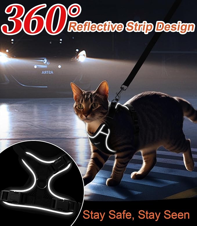 Cat Harness and Leash for Walking Escape Proof Soft Adjustable Cat Leash Breathable Comfortable Vest Easy to Wear Kitten Harness for Outdoor Travel (Black, M (13-18lb))