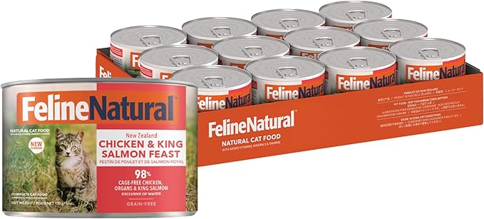 Feline Natural New Zealand Canned Wet Food, High-Meat, Low-Carb, & Grain Free Cat Food Wet, Chicken and King Salmon, 6 oz, Pack of 12
