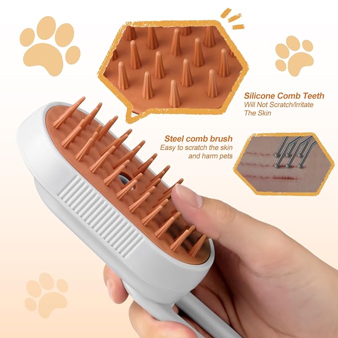Steam Brush for Cat & Dog – 3-in-1 Spritz Pet Spray Hair Removal Comb for Grooming & Shedding Steam – Water Brush for Long & Short Haired Pets– Includes Two Bottles Waterless 2*Shampoo