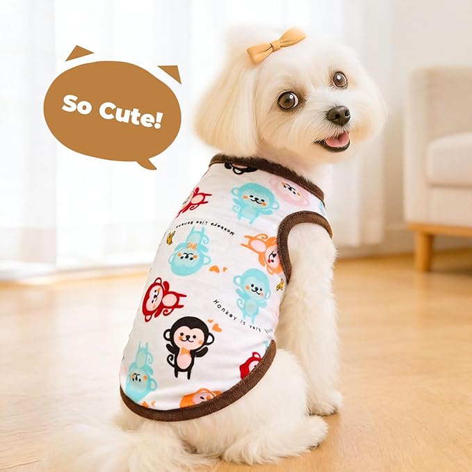 PETCARE Cartoon Dog Shirts for Small Dogs Cute Dog Clothes Brown Monkey Tshirt Soft Cotton Puppy Pajamas Breathable Sleeveless Pet Tank Top Spring Summer Dogs Clothes for Chihuahua Yorkie Shih Tzu