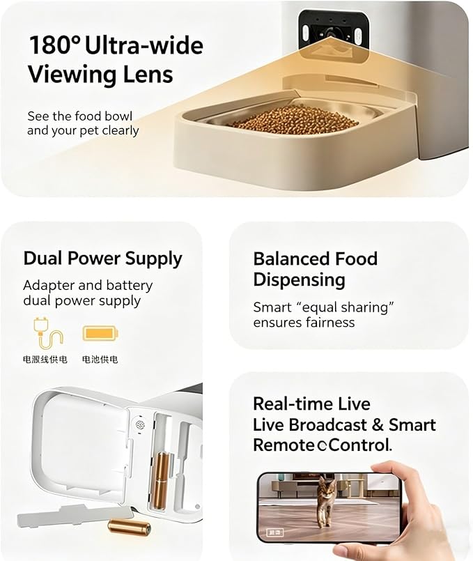 6L Double Bowl Smart Pet Feeder for Dogs Cats, Automatic Food Dispenser with Timer, Automatic Cat Feeder, Timed Cat Feeder for Multi Pet Feeding App Remote Control Voice