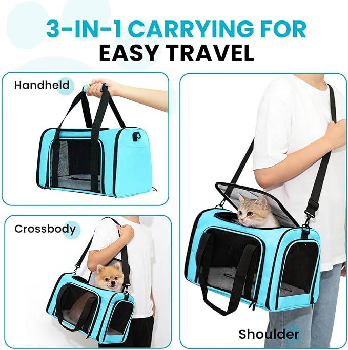 Soft-Sided Cat Carrier Expandable Pet Carrier Airline Approved Mesh Travel Carrier Up to 15lbs for Cats Small Dogs Collapsible Escape-Proof with Shoulder Strap (18x11x11 Blue)