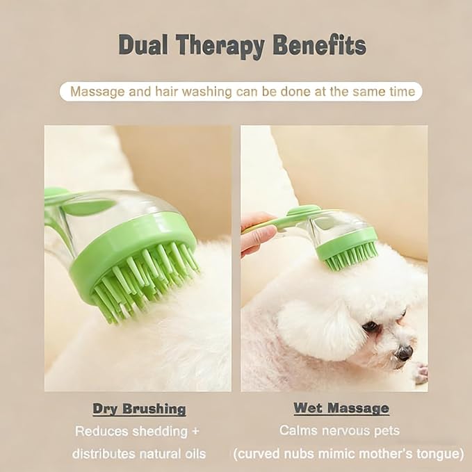 Pet Bath Brush with Shampoo Dispenser - Silicone Massage Grooming Tool for Cats & Dogs, Long Handle Dog Cat Bath Brush for Wet/Dry Use Green (ABS + Food-Grade Silicone, 7.5")