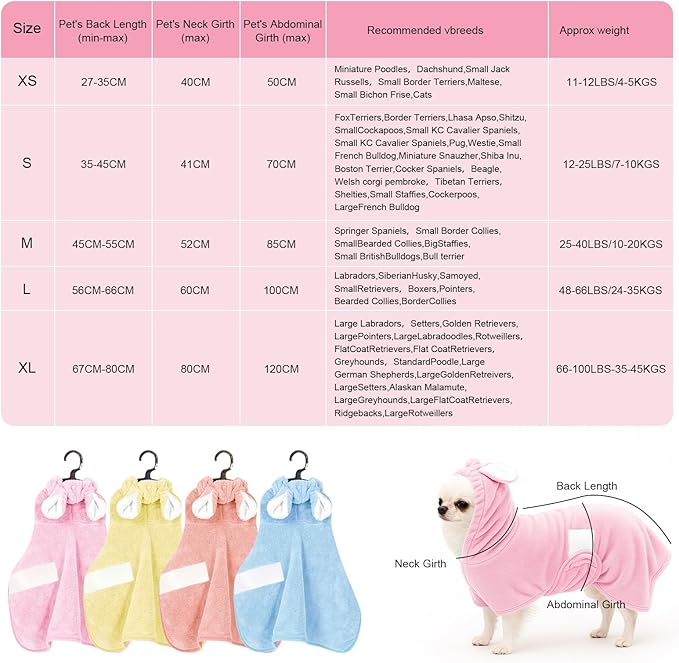 Pet Bathrobe Towel Dog Cat Drying Coat Super Absorbent Cute Dogs Bath Towel Hooded Robe Adjustable Collar & Belly Strap for XSmall to XLarge Pets (Pink, X-Small)