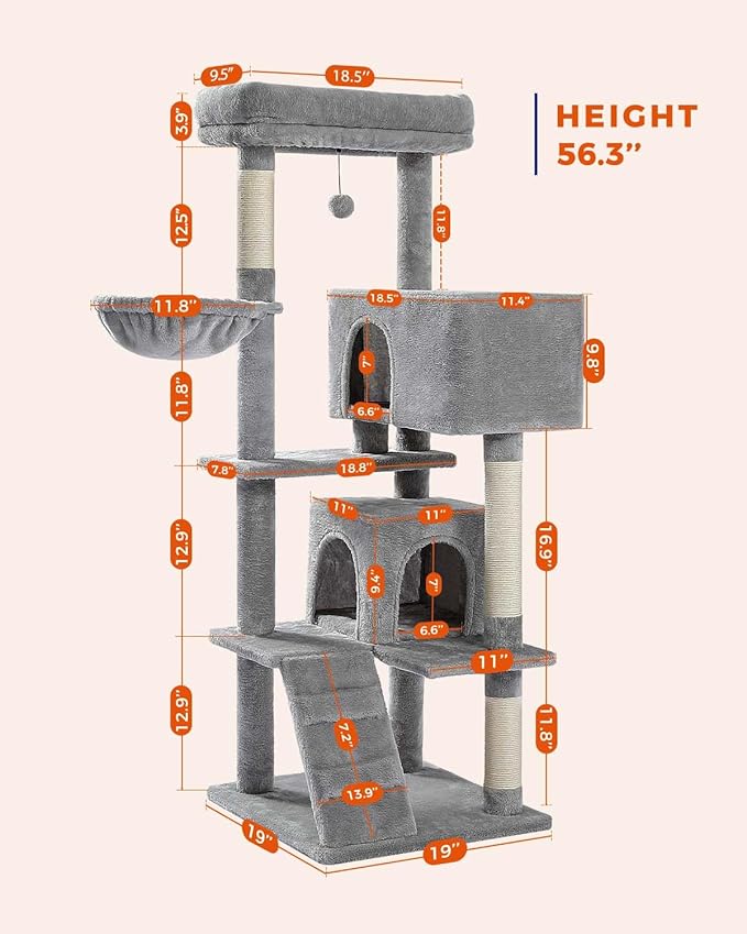 MUTTROS Cat Tree for Large Cats with Super Large Top Perch, 56.3" Cat Tower with Plush Hammock, Dangling Pompom, Cat Scratching Posts and 2 Condos House, Light Grey