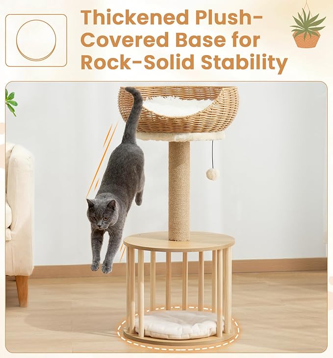 Made4Pets 30in PE Rattan Cat Tree Tower with Scratching Post, Birdcage-Style Wooden Condo with Reversible Cushion & Thickened Base, Handwoven Wicker Basket Bed and Plush Cushion Top Perch