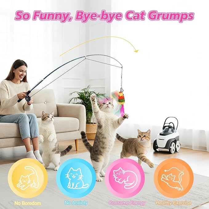 Pawaboo Cat Teaser Wand Toys, Cat Fishing Pole Toy with 3 Pack Feather Refills, 3-section Retractable Kitten Feather Toys with Pulley, Indoor Cats Teaser Catcher Exerciser with Bell,Rainbow + Rose Red