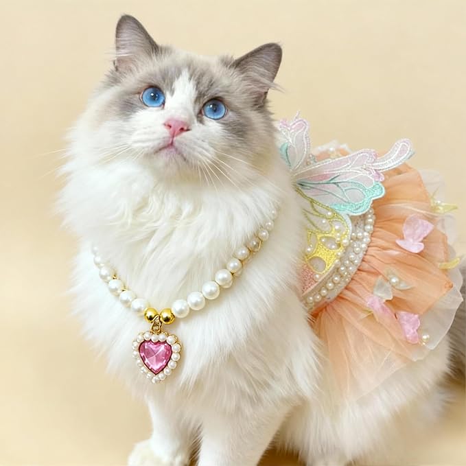 Cat Princess Dress for Small Cats with Necklace, Dogs Lace Wedding Tutu Puppy Butterfly Skirt for Pup Birthday Party