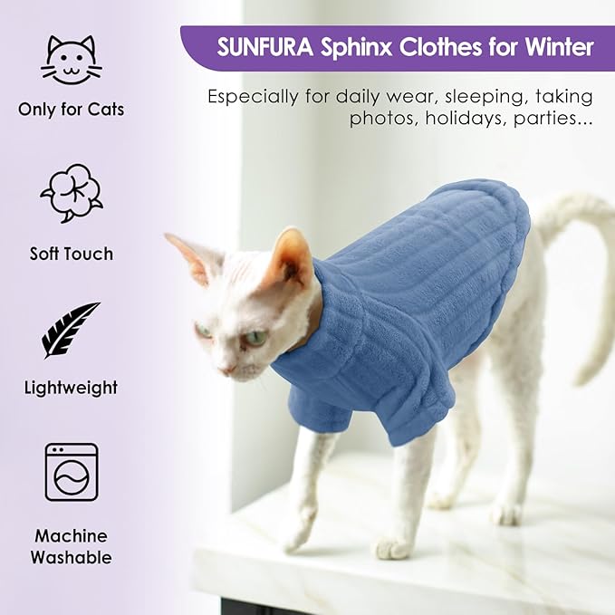 Sweaters for Cats, Hairless Sphynx Sweater Kitten Pullover with Sleeves, Warm and Soft Cat Pajamas Fleece Sweatshirt Jumpsuit, Turtleneck Clothes for Fall Winter, Blue S