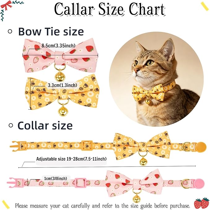 2 Pack Cute Cat Collar with Bow Tie & Bell, Adjustable Strawberry/Daisy Print Kitten Collars with Safety Breakaway Buckle for Cats & Small Dogs(Bee+Staw)
