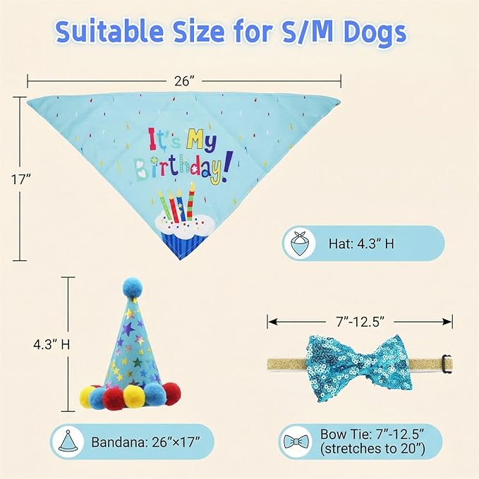 Pet Birthday Party Set with Hat and Bandana for Dogs and Cats with Star Pattern Design, Adjustable Sequin Bow tie Accessories, Blue Birthday Boy Scarf (Blue)