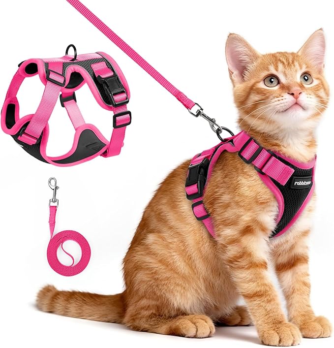 rabbitgoo Cat Harness and Leash Set, Escape Proof Soft Adjustable Vest Harnesses for Outdoor Walking, Easy Control Breathable Kitten Jacket with Reflective Strips, Black & Rose Pink, XS
