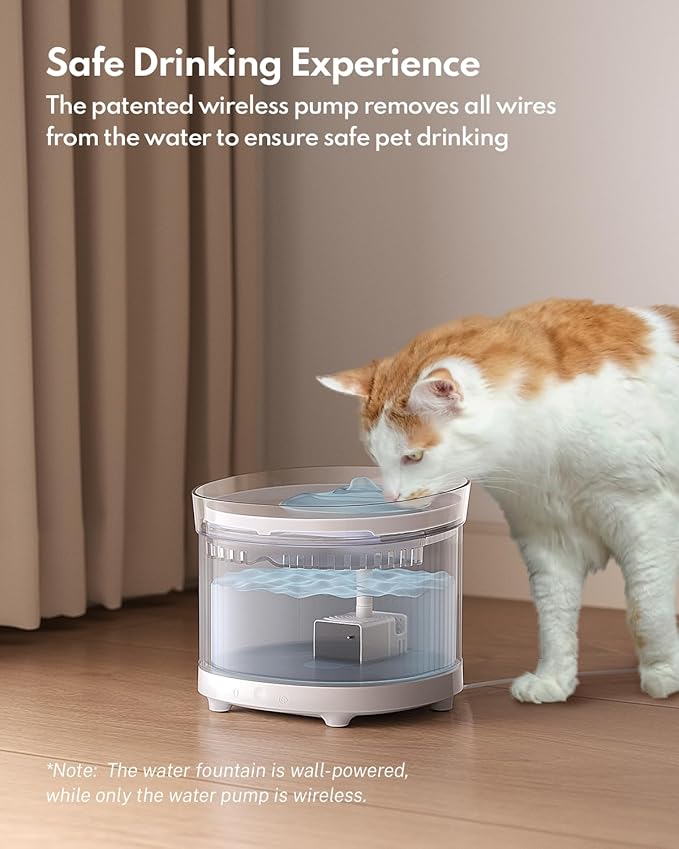 HomeRunPet Cat Water Fountain with Wireless Pump, Porcelain-Tray Pet Water Fountain Indoor, Detachable Design for Easy Cleaning, Ultra Quiet Cat Water Bowl, Filter Included, 2L/68oz