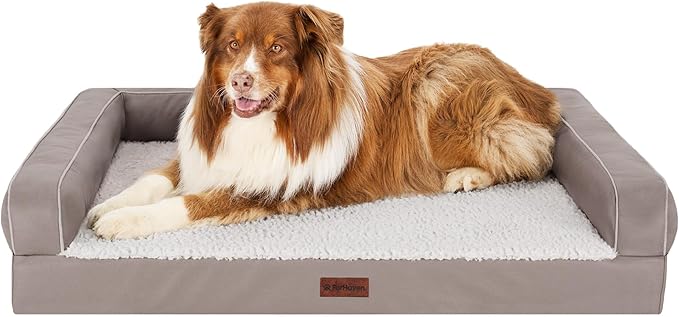 Furhaven Orthopedic Dog Sofa Bed – Memory Foam Couch with Bolsters, Textured Plush & Water-Resistant Cover, Washable Cover, Joint Support - Greige, Jumbo