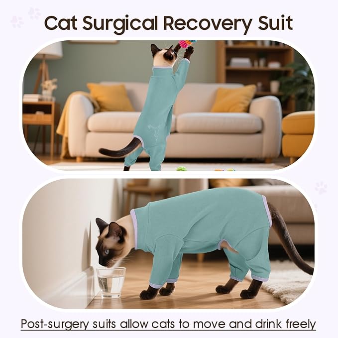 DENTRUN Cat Clothes for Hair Control with Hair Sticky Fabric - Soft Recovery Suit & Breathable Lint-Resistant Cat Sweater for Cats Only, Kitten Onesie Pajamas, M, Bean Green
