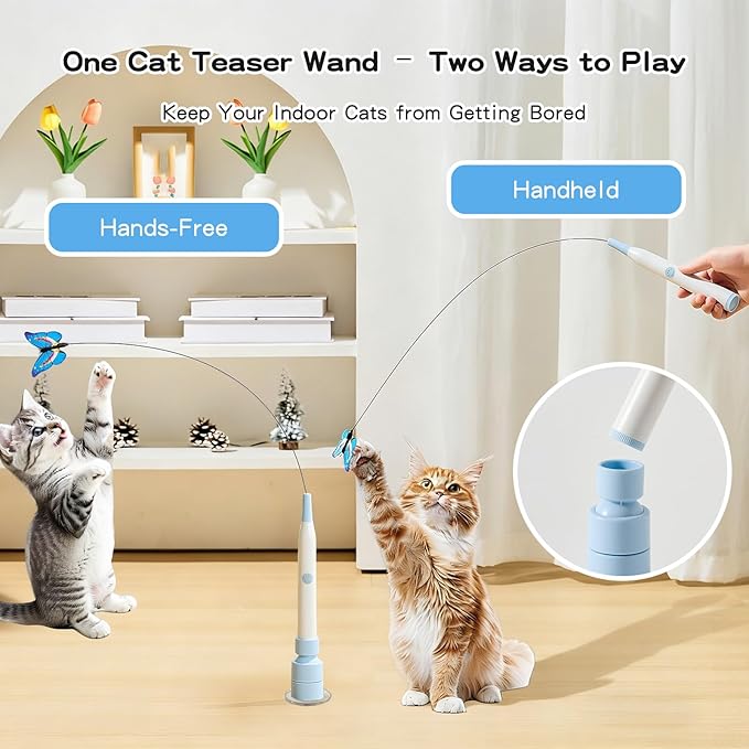 Interactive Cat Toys for Indoor Cats - Electric Cat Wand Toy with Butterfly, Self-Play & Handheld Dual Mode, USB Rechargeable with Strong Suction Base, Smart Motion Activated Enrichment Cat Toy, Blue