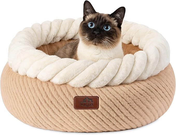 Hollypet Cat Bed for Indoor Cats Kitty Beds, Round Washable Fluffy Small Dog Bed, Soft Cozy Plush Pet Beds for Puppy and Kitten with Non-Slip Bottom (20" D * 8" Th, Oatmeal)