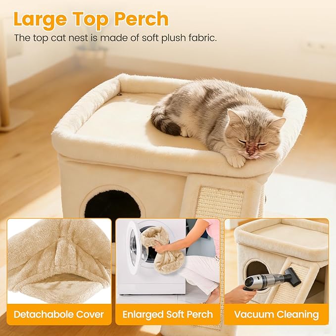 Cat Tree, Compact Cat Tree for Small Spaces, Heavy Duty Cat Tower for Large Cats,Small Cat Tower with Cat Scratching Post & Bed, Cat Condo Climbing Furniture for Indoor Cats (Off-White)