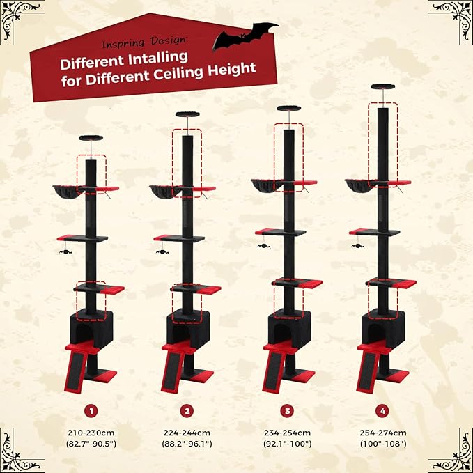 PETEPELA Floor to Ceiling Cat Tree, Gothic Cat Tower 5 Tiers Tall (83-108 Inches) Adjustable Height, Cats Climbing Tree Featuring with Condo, Scratching Post