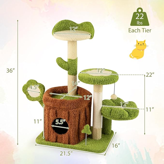 PETSITE Forest-Themed Cute Cat Tree, 36 Inches Tall with Sisal Scratching Posts and Board, Condo, Dangling Ball, and Spring Toy, Ideal for Indoor Small & Medium Cats (21.5 x 16 x 36 inches)