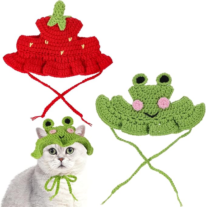 2pcs Frog and Strawberry Cat Hat, Cotton & Soft Cute Knitted Hats for Cats, Christmas Halloween Holiday Party Clothes Birthday Party Puppy Hat for Small Pets