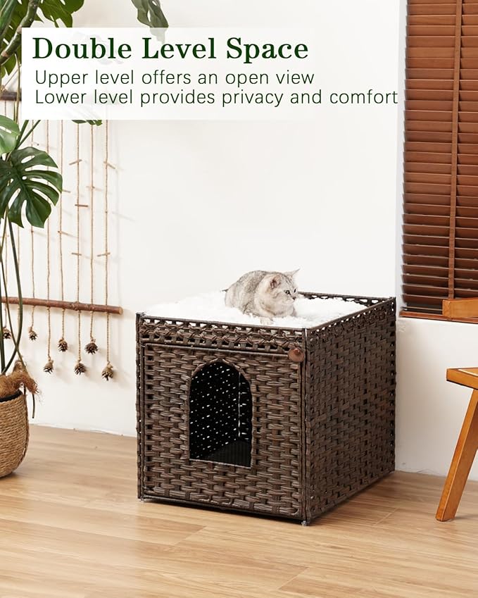 SETVSON Cat Litter Box Enclosure Furniture, Large Hidden Litter Box Furniture, Handwoven Rattan Cat House Cabinet, One Mat, Two S-Shaped Hooks, Living Room, Apartment 21.6 X 26 X 21.6 Inches, Brown