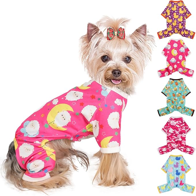 Dog Pajamas Small Sized Boy Girl, Cotton Stretchable Pet Clothes Jammies Puppy Outfits for Dogs Female Male, Spring Summer Doggie Doggy Pjs (Pink Moon, S)