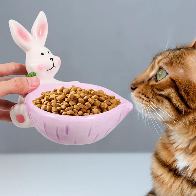 Ceramic Cat Bowl and Dog Feeding Dish, Purple Non-tip Wear-Resistant Pet Floor Bowl, Cute Bunny Design for Indoor Feeding and Watering Supplies