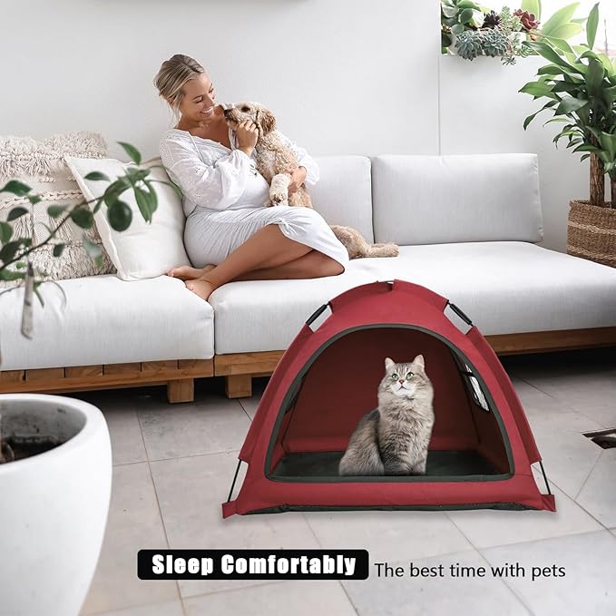 Anti-Anxiety Open Pet Tent, Calming Hideaway Monitoring Bed for Cats & Small Dogs, Breathable Mesh, Tool-Free Setup, Indoor Outdoor Travel, Red