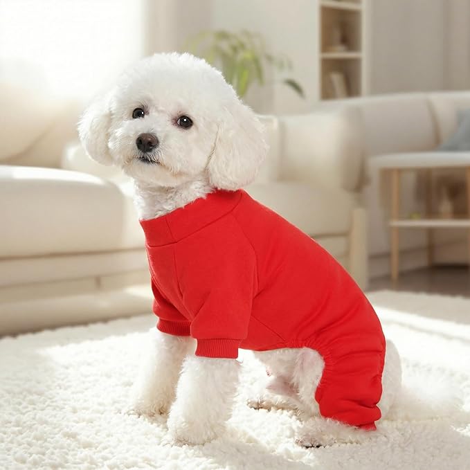 Velvet Dog Pajamas Stretchy Pet Clothes Puppy Jumpsuit Solid Color Cat Clothes for Small Pet Dog and Cat (Red, Large)