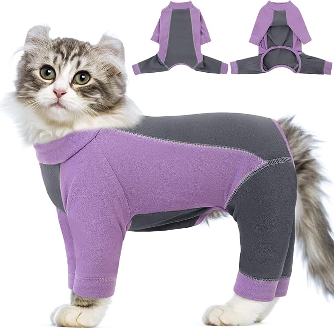 Hair Sticky Cat Clothes, Cat Sweater for Cats Only, 4-Legged Fleece Sweaters Kitten Pajamas Reduce Shedding Fur, Warm Pullover Shirts for Cats, Purple S