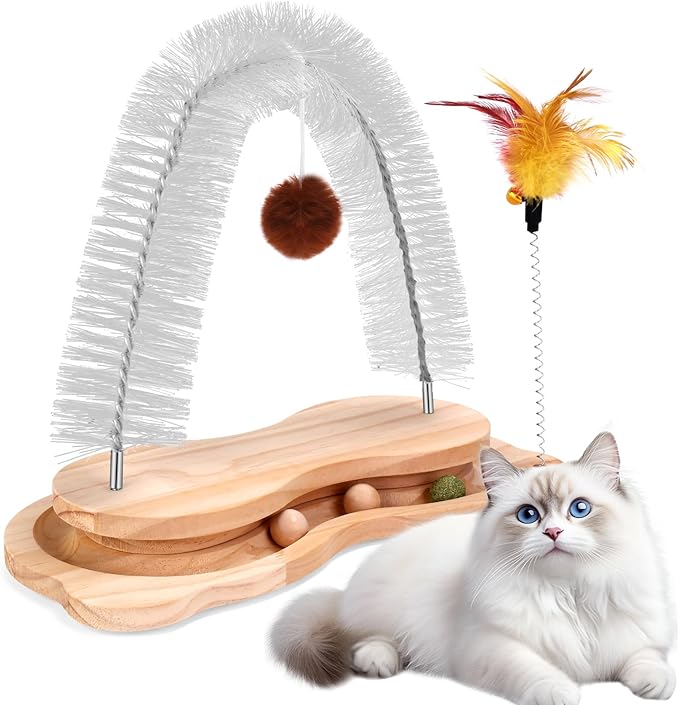 Cat Self Groomer, Cat Scratcher Grooming Brush Massager Arch for Indoor Cats Face Back Scratcher Rubbing Post Corner Brush w/ Kitten Interactive Catnip Ball Track Toy for Chasing Hunting Exercise