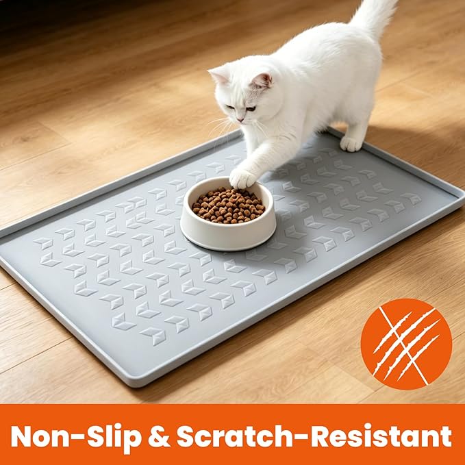 Silicone Pet Feeding Mat - 100% Waterproof Dog & Cat Bowl Pad with Raised Edges - Protects Floors from Messy Eaters & Spills - Anti-Slip, 100% PET-Safe, Dishwasher Safe (Grey 18.5"x11.5")