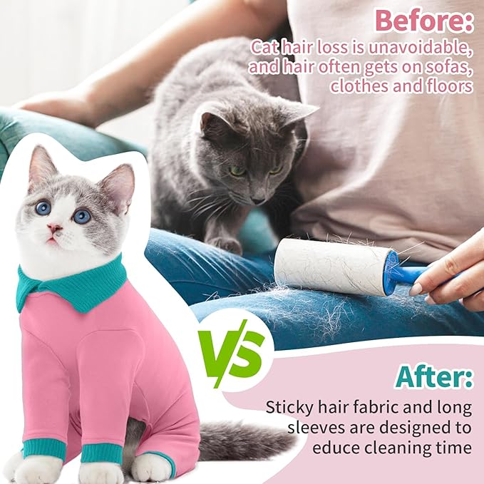 T'CHAQUE Sticky Hair Cat Clothes, Professional Recovery Suit for Cats, Anti-Shedding Shirt Outfit, Soft Pajamas for Kittens, Post-Surgery Onesie for Male & Female Cat