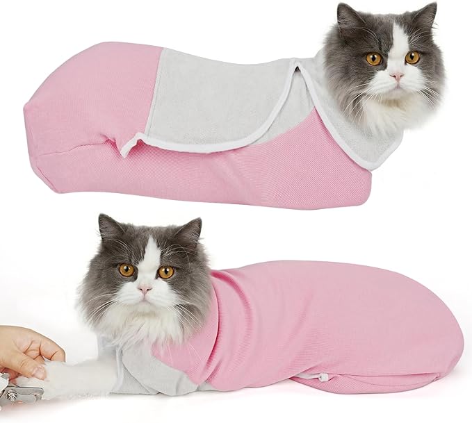 Cat Wrap for Cutting Nails, Self-Adhesive Cat Nail Clipping Restraint Bag, Anti-Scratch Cat Grooming Wrap Swaddle for Meds, SubQ Fluids, Ear Cleaning, Teeth Brushing & Vet Visits,Pink,M