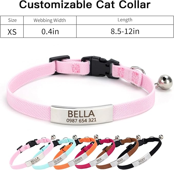 Quick-Release Lightweight Elastic Cat Collar - Custom Engraved ID Tag Safety Collar for Indoor/Outdoor Cats, Personalized Name Plate to Prevent Loss