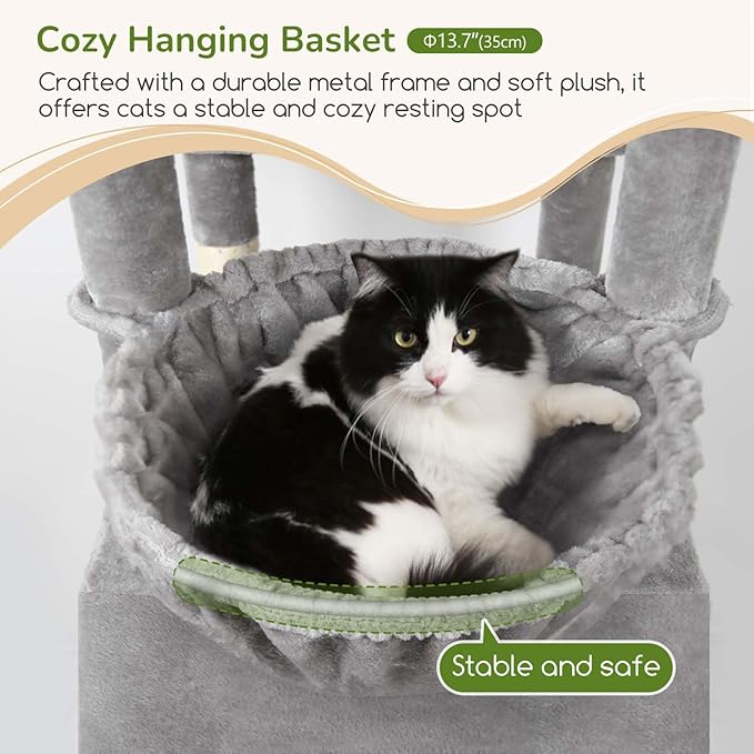 Globlazer 74in Heavy Duty Cat Tree for Large Indoor Cats, Multi-Level Cat Tower with Scratching Post, Cat Condos with Climbing Ladder, Hammock, Extra Large Top Perches, Pet Bed, F74D, Light Grey