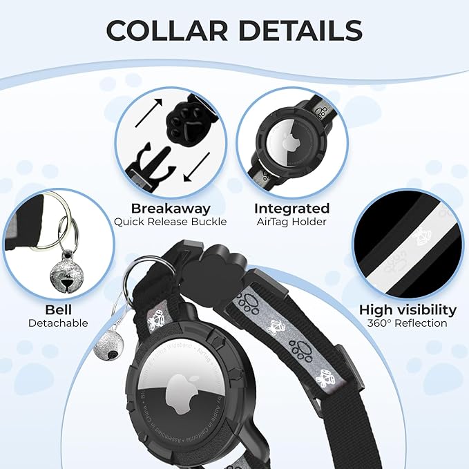 Breakaway AirTag Cat Collar, Reflective Cat Tracker Collar with Air Tag Holder and Bell, Safety Elastic Band Cat GPS Collars for Girl Boy Cats, Kittens and Puppies (Black, 8-13'')